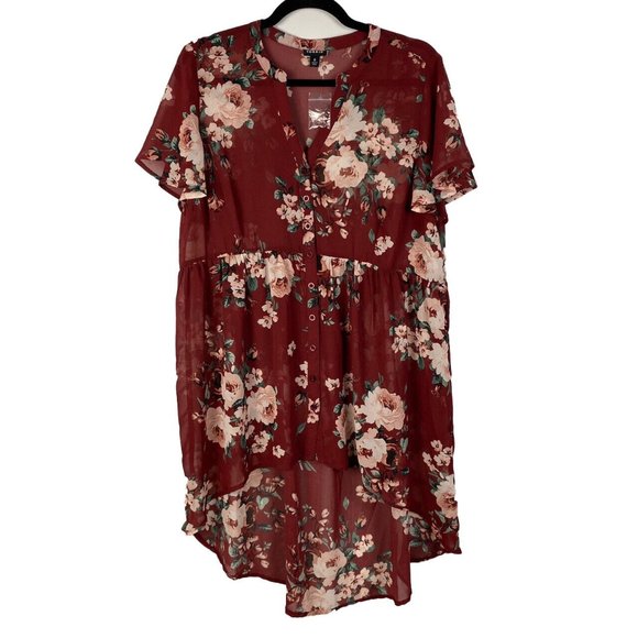 TORRID Lexie Brick Red Floral Chiffon Hi-Lo Babydoll Tunic in Size 0X - Picture 1 of 9